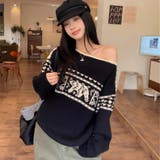 ブラック | ノルディック柄ニットプルオーバー | Alvia