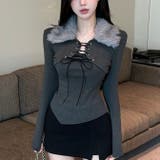 グレー | ファー衿レースアップトップス | Alvia