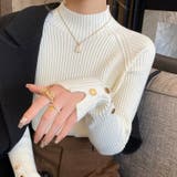 ホワイト | ハイネック袖ボタンニットトップス | Alvia