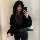 ブラック | フード付きショートファーコート | Alvia