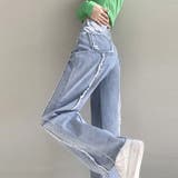 L-NAVY | 美脚サイドフリンジデザインダメージワイドデニムパンツ ルーズ ジーンズ | Alvia