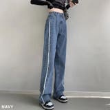 NAVY | 美脚サイドフリンジデザインダメージワイドデニムパンツ ルーズ ジーンズ | Alvia