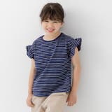 ネイビー | 綿100% フリル ボーダー半袖Tシャツ | chil2