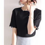 ブラック | 胸きゅん、褒められトップス。配色メロウ5分袖シャーリングトップス | Classical Elf 