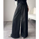 ブラック | 美しいシルエットの優秀パンツ♪Wベルト異素材スラックスワイドパンツ | Classical Elf