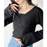 ブラック | スタイルアップが叶う！リボンカシュクールジャガードカットソー（フレアスリーブ） | Classical Elf 