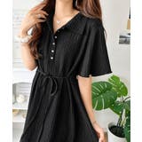 ブラック | ぽこぽこ感が可愛い。ポップコーンジャガード素材ウエストリボン衿付きロングワンピー… | Classical Elf