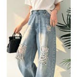 ブルー | レースにキュン!ラフに攻めて。綿100% レース付きダメージデニムカーブパンツ | Classical Elf