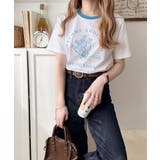 オフホワイト×ブルー | トレンドのディテールが魅力。シルケットフラワーカーブロゴリンガー半袖Tシャツ | Classical Elf 