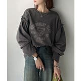 チャコール長袖 | レディなヴィンテージスタイル。綿100％カレッジピグメント袖フリルTシャツ | Classical Elf 