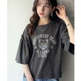 チャコール | レディなヴィンテージスタイル。綿100％カレッジピグメント袖フリルTシャツ | Classical Elf 
