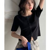 大人可愛いデコルテ魅せコンパクトT。フロントホックワッフル半袖トップス | Classical Elf | 詳細画像9