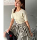 大人可愛いデコルテ魅せコンパクトT。フロントホックワッフル半袖トップス | Classical Elf | 詳細画像2