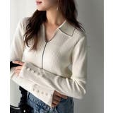 オフホワイト | 首元の抜けで細見え。インナーにも使える万能トップス♪配色ラインデザイン衿付きリブ… | Classical Elf 