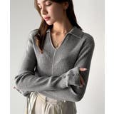 グレー | 首元の抜けで細見え。インナーにも使える万能トップス♪配色ラインデザイン衿付きリブ… | Classical Elf 