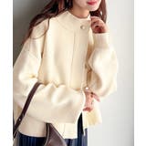 アイボリー | シンプルで洗練されたデザインが魅力！サイドドロスト比翼ニットブルゾン | Classical Elf 