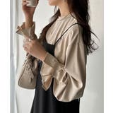 ベージュ | ひとさじの甘さ。微光沢仕立て、シルケット加工ハイネックキャンディスリーブTシャツ… | Classical Elf 