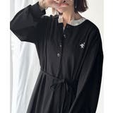 ブラック | 大人リラクシーで抜け感を。胸刺繍配色デザインヘンリーネックロングワンピース | Classical Elf 