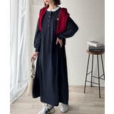 ネイビー | 大人リラクシーで抜け感を。胸刺繍配色デザインヘンリーネックロングワンピース | Classical Elf 