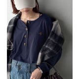 ネイビー | 着回し力抜群♪リラックスシルエットで程よい抜け感◎胸刺繍ヘンリーネックトップス | Classical Elf 