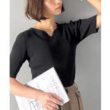 ブラック | 美デコルテを演出♪リブニットカーヴィーネックトップス（半袖） | Classical Elf 