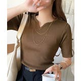 ブラウン | 美デコルテを演出♪リブニットカーヴィーネックトップス（半袖） | Classical Elf 