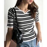 ボーダー | 美デコルテを演出♪リブニットカーヴィーネックトップス（半袖） | Classical Elf 