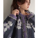 パープル | 一枚で、レトロ可愛いの全部盛り。花柄ジャガード×ゴールドボタン フリンジニットカ… | Classical Elf