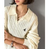 アイボリー | ”品よく華やぐ”。大人のマストバイニット。胸刺繍ケーブル編みポロ襟スキッパーニッ… | Classical Elf 