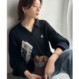 ネイビー | ”品よく華やぐ”。大人のマストバイニット。胸刺繍ケーブル編みポロ襟スキッパーニッ… | Classical Elf 