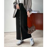 ブラック | 前後2wayで着まわせる！配色ボタンラインリブスカート（ロング丈） | Classical Elf 