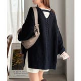 ネイビー | 後ろ姿まで抜け感UP♪ケーブル編みバックデザイン×ルース片畦ビッグラグランニット… | Classical Elf