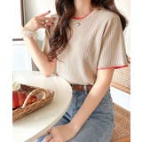 ベージュ | 遊び心くすぐる、大人のプチ配色。袖先配色リブニット(半袖) | Classical Elf 