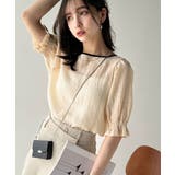 アイボリー | 涼しげ＆透明感◎配色パイピング バルーンフリルスリーブ楊柳ブラウス | Classical Elf 