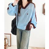 レトロ配色が今っぽ！胸刺繍配色シアー裾ドロストVネックプルオーバー | Classical Elf  | 詳細画像15 