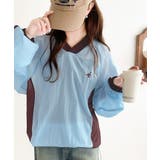 ブルー | レトロ配色が今っぽ！胸刺繍配色シアー裾ドロストVネックプルオーバー | Classical Elf 