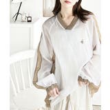 レトロ配色が今っぽ！胸刺繍配色シアー裾ドロストVネックプルオーバー | Classical Elf  | 詳細画像1 