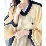 レトロ配色が今っぽ！胸刺繍配色シアー裾ドロストVネックプルオーバー | Classical Elf  | 詳細画像5 