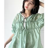 グリーン | 高級感漂う春夏の必需品!前後2WAYギャザーリボンシアーブラウス(半袖) | Classical Elf