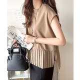 ベージュ | 上品フェミニンに決まる。裾シアープリーツライトダンボールフレンチスリーブ風Tシャ… | Classical Elf 