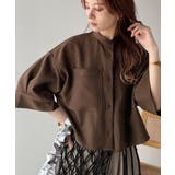 ブラウン | 大人の上品トップス。バンドカラーワイドスリーブショート丈ストライプシャツ(半袖) | Classical Elf