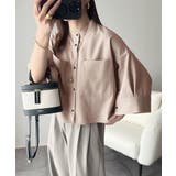 ベージュ | 大人の上品トップス。バンドカラーワイドスリーブショート丈ストライプシャツ(半袖) | Classical Elf