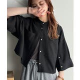 大人の上品トップス。バンドカラーワイドスリーブショート丈ストライプシャツ(半袖) | Classical Elf | 詳細画像1