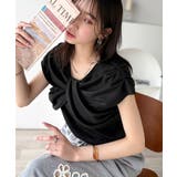 ブラック | ”きれいめラフ”にこれ一択♪胸元ツイストリボンデザインTシャツ(半袖) | Classical Elf