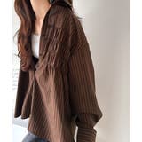 ブラウンストライプ | 立体感を纏う。シャーリングビスチェ風ロングカフスビッグシャツ(長袖) | Classical Elf