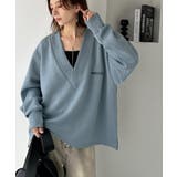 ブルー | 抜け感と上品さを両立。深めのネックで小顔見え♪ 胸刺繍Vネックダンボールニットト… | Classical Elf