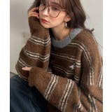 ブラウン | “配色”と“質感”で差をつける。胸刺繍ブークレー素材配色ボーダークルーネックニッ… | Classical Elf