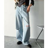 ライトブルー | 環境に優しいサステナブル素材。綿100％ウエストアシメワイドストレートダメージデ… | Classical Elf 