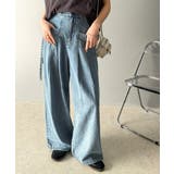 ブルー | 環境に優しいサステナブル素材。綿100%デニム素材サイドリボンタックワイドパンツ… | Classical Elf