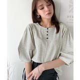 華奢見えを叶える!前後2wayランタンスリーブミニボーダートップス(5分袖) | Classical Elf  | 詳細画像1